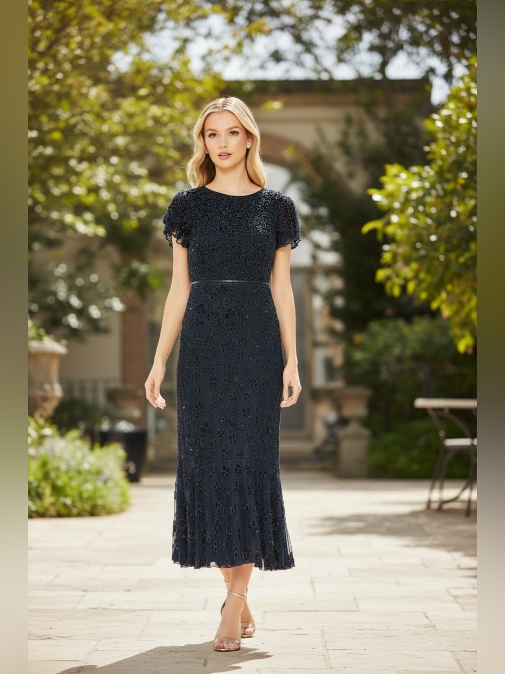 Mac Duggal Navy Floral Midi Dress Sz 14